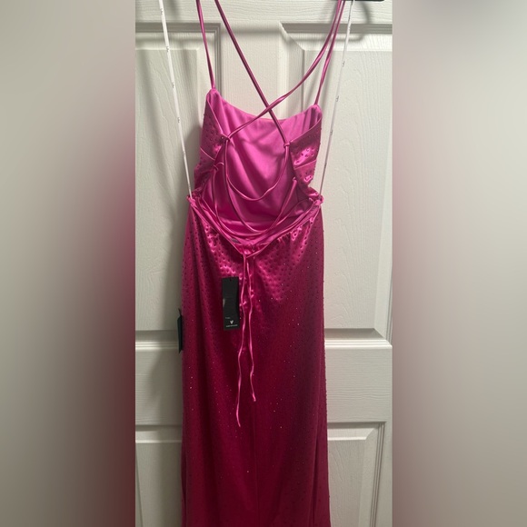 Lulus - Radiant Stunner Hot Pink Satin Rhinestone Lace-Up Maxi Dress - NWT - XS - Picture 8 of 10